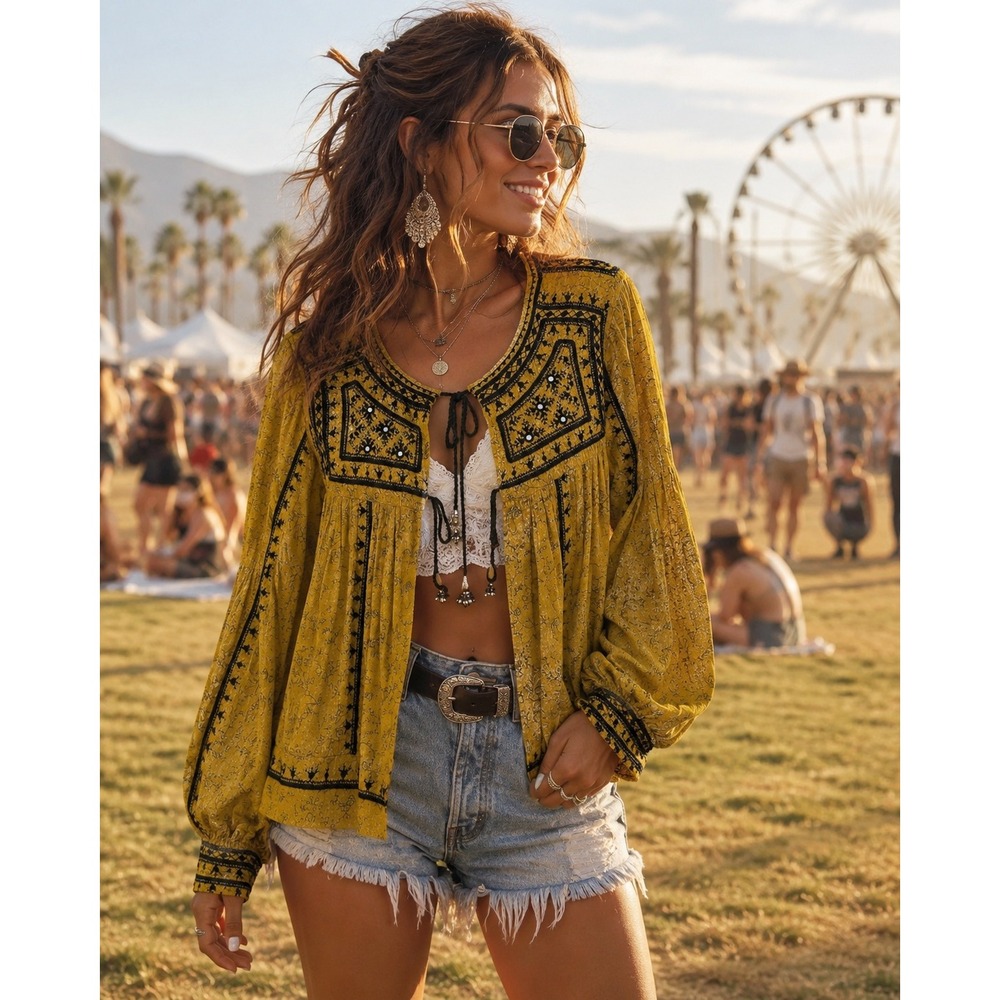 Free People Twilight Mustard Yellow Embroidered Mirrored Tassel Open Front Top S
